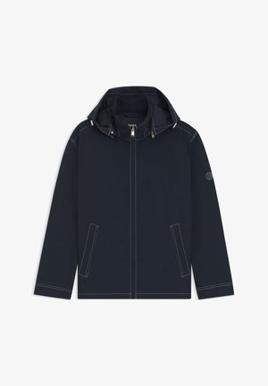 Laivastonsininen vedenpitävä takki, jossa vetoketjullinen etuosa, säädettävä huppu ja kaksi sivutaskua. Varustettu erottuvalla valkoisella tikkauksella ja logoyksityiskohdilla.