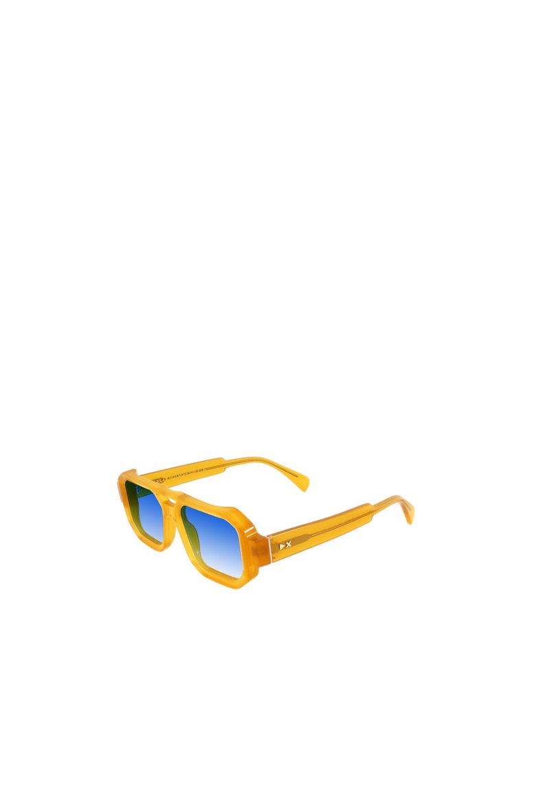 Occhiali da sole gialli e spessi con un design geometrico, dotati di lenti blu sfumate e raffinati dettagli sulle aste. Materiale plastico liscio.