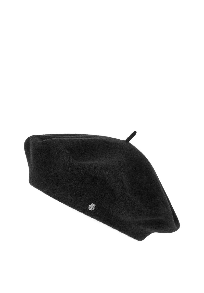 Black wool beret with small top loop and silver emblem on side, set against a white background.