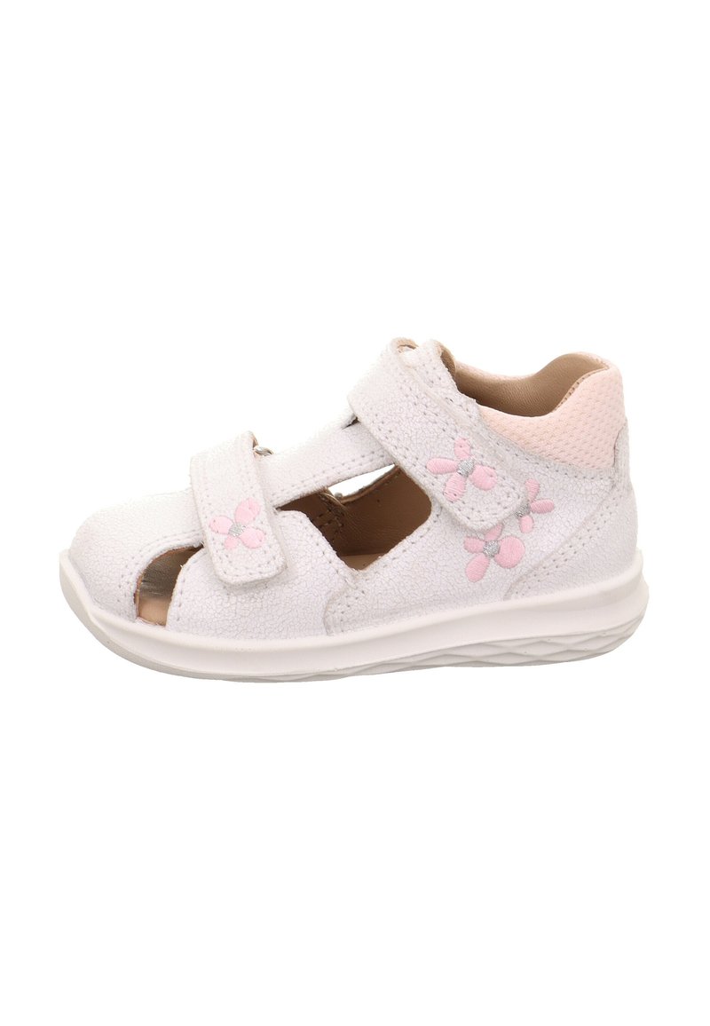 Weiße Sandalen für Kinder mit offenem Zehen- und Fersenbereich, ausgestattet mit zwei verstellbaren Klettverschlüssen, floralem Stickmuster in Pink, strukturiertem Material und Gummisohle.