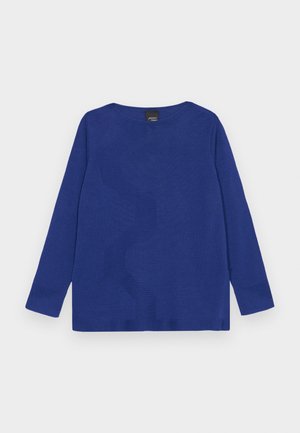 Modrý svetr s dlouhými rukávy a kulatým výstřihem. Vyroben z měkkého pleteného materiálu, s hladkou texturou a jednoduchým, minimalistickým designem.