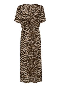 Robe maxi à imprimé léopard avec manches courtes, taille froncée et tissu fluide. Palette de couleurs comprenant des nuances de brun et de beige.