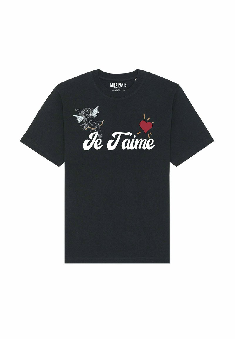T-shirt en coton noir à manches courtes, avec le texte blanc « Je T'aime » et un graphique coloré d'une figure ailée et d'un cœur.