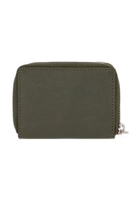 Olive green leather wallet with a zip closure, rectangular shape, smooth texture, and silver tone hardware. Stitched edges highlight design.