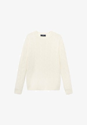 Pull en maille torsadée crème avec un col rond, des manches longues, des poignets et un ourlet côtelés. Tissu doux et texturé avec une silhouette classique.