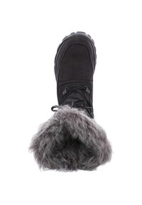 Botas negras con exterior de ante, punta redonda, forro de pelo sintético gris texturizado y suela de goma. Incluyen cordones para ajustar.