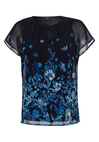 Blouse noire avec motif floral bleu, manches courtes en tissu léger, encolure ronde et détail en goutte d'eau à l'avant. Fabriquée à partir d'un tissu léger.