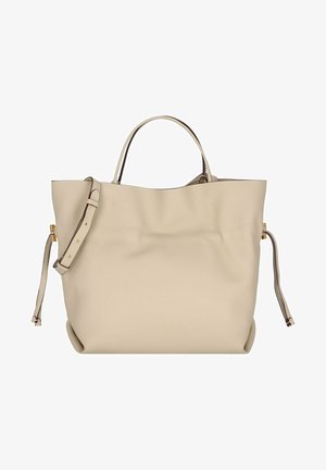 Borsa a tracolla beige in pelle con manici doppi e tracolla regolabile. Texture liscia con minimo cuciture e fondo piatto.