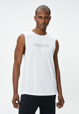 White sleeveless athletic shirt featuring a round neckline and front text graphic "TODAY IS THE FUTURE I CREATED YESTERDAY." Smooth texture.
