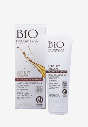 Argan oil scrub mask in a white tube with a flip-top lid, accompanied by a rectangular box with gold accents and text in Italian.