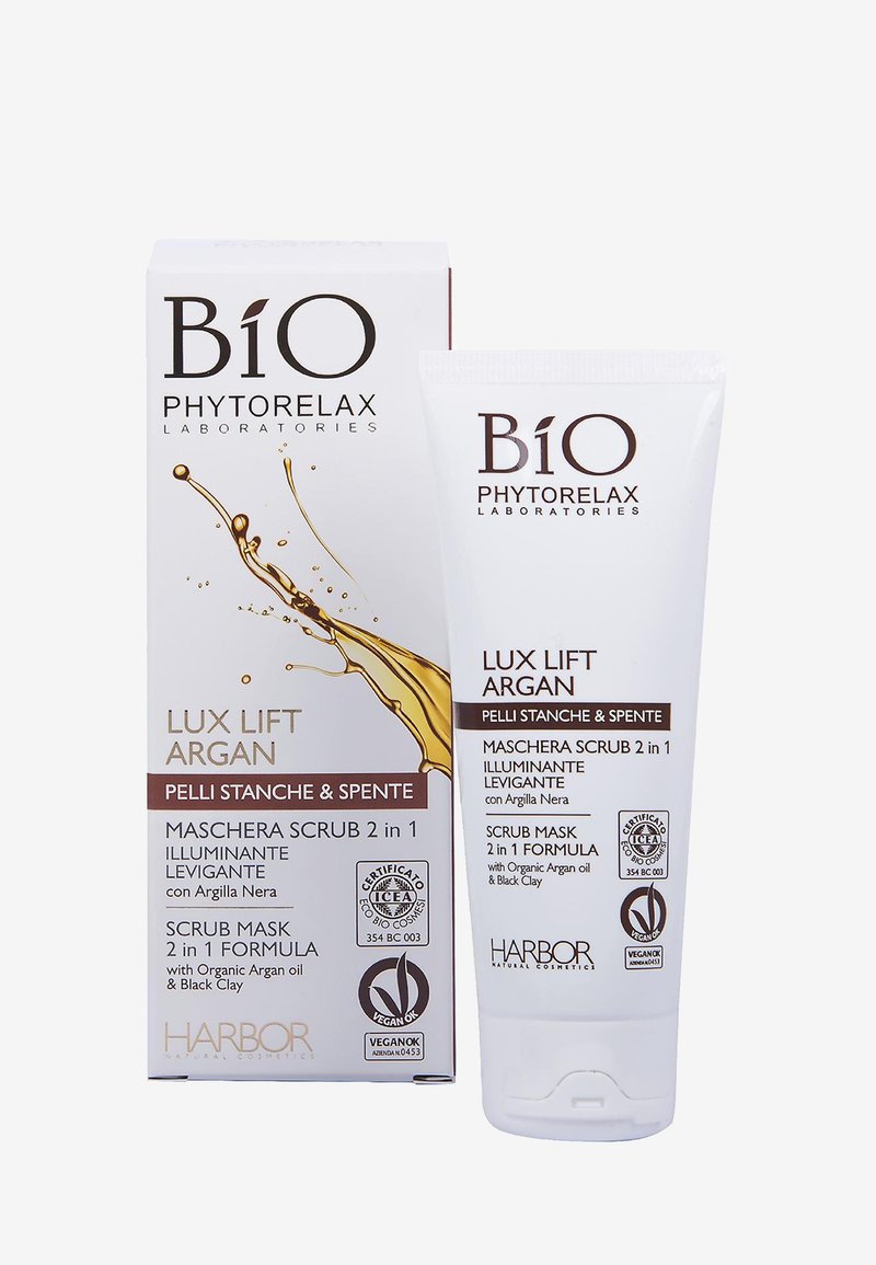 Peeling maska z olejem arganowym w białej tubie z klapką, towarzyszy jej prostokątne pudełko z złotymi akcentami i tekstem w języku włoskim.