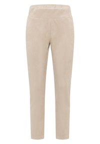 Leggings beige realizzati in un morbido tessuto testurizzato, con una vita alta e un design a gamba affusolata, caratterizzati da cuciture lisce e senza componenti metallici visibili.