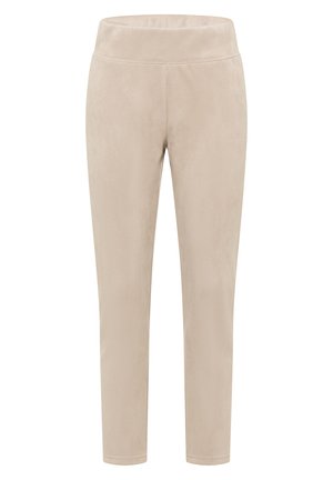 Leggings beige realizzati in un morbido tessuto testurizzato, con una vita alta e un design a gamba affusolata, caratterizzati da cuciture lisce e senza componenti metallici visibili.