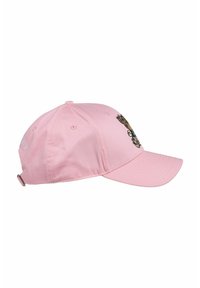 Rosa Baseballcap aus Baumwolle mit gebogenem Schirm, die auf der Vorderseite mit gestickten Grafiken und einem metallischen Versteller auf der Rückseite ausgestattet ist.