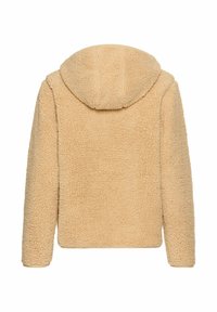 Beige Kapuzenfleecejacke mit einer strukturierten, flauschigen Außenseite. Verfügt über einen geraden Schnitt und lange Ärmel, ideal für die Freizeit.