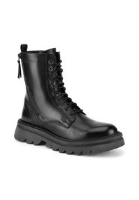 Melna ādas potīšu zābaku ar priekšējo šņorēšanu, sānu rāvējslēdzēju, masīvu gumijotu zoli un gludu tekstūru. Iezīmē apļveida purngalu un piespraudes detaļas.