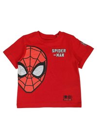 T-shirt en coton rouge avec un grand graphique du visage de Spider-Man, des accents noirs et le texte "SPIDER-MAN" en lettres blanches sur le devant.