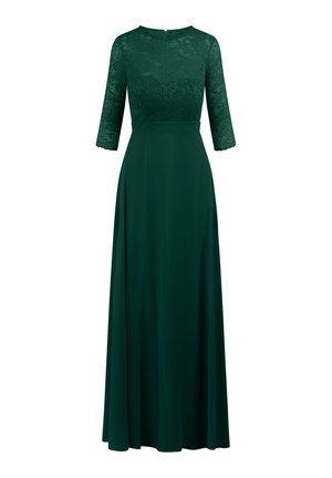 Langes grünes Kleid mit einem Spitzenoberteil, Dreiviertelärmeln, rundem Ausschnitt und einem fließenden Rock aus weichem Stoff.