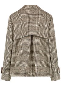 Braun- und cremefarbener Karojacke mit langen Ärmeln, einem Kragen und einem gefältelten Rückendesign. Verfügt über Knopfmanschetten und strukturierten Stoff.