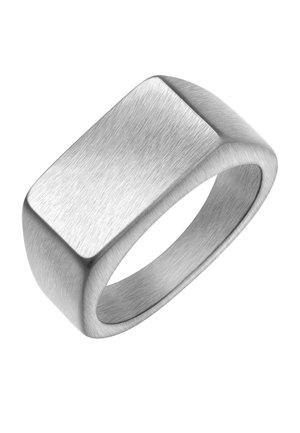 Bague en métal brossé avec une face rectangulaire, des bords arrondis lisses et une finition mate. Couleur argent, design simple et moderne.