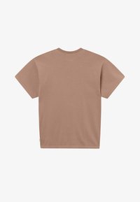 T-shirt marron uni à manches courtes, vu de dos avec un col rond sur fond blanc.