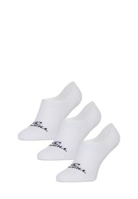 Trois paires de chaussettes blanches à chevilles en matériau doux avec un design côtelé. Chaque chaussette présente un logo noir à l'avant.