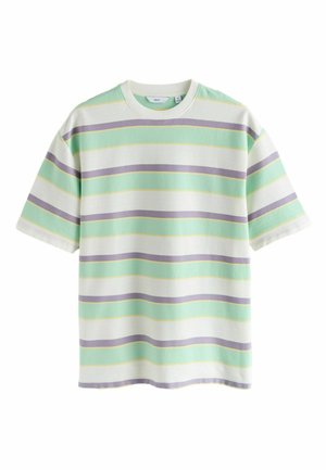 Bomulds T-shirt med korte ærmer med vandrette striber i mintgrøn, lavendel, svag gul og hvid.