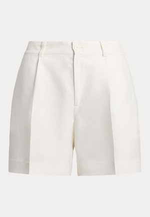 Białe lniane spodenki o dopasowanym kroju, z przednią plisą, zapięciem na guzik i gładkim wykończeniem dolnej krawędzi. Gładka faktura i usztywniony fason.