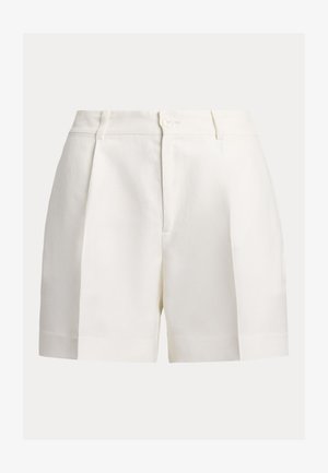 Białe lniane spodenki o dopasowanym kroju, z przednią plisą, zapięciem na guzik i gładkim wykończeniem dolnej krawędzi. Gładka faktura i usztywniony fason.