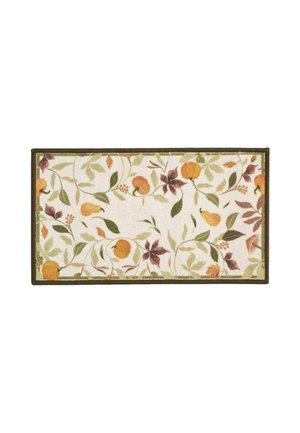 Rectangular rug with autumn leaves, orange pumpkins, and gourds pattern on cream background with green border.