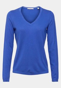 Pull bleu à manches longues avec col en V, coupe ajustée et poignets côtelés, présenté sur un fond gris clair uni.