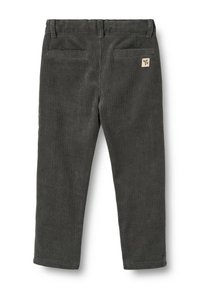 Pantaloni di velluto a coste grigi con trama a costine verticali, design a gamba dritta, due tasche posteriori e una piccola etichetta del marchio sulla cintura.