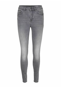 Jeans ajustados grises de denim con un lavado desvanecido, diseño de cinco bolsillos, trabillas estándar para cinturón y acentos de costura blanca.