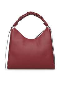 Rode leren handtas met een gevlochten handvat aan de bovenkant en een afgeronde silhouet. Heeft een gladde textuur en subtiele stikdetails.