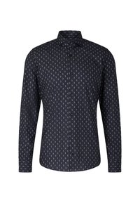Camicia nera a maniche lunghe con un motivo sottile di piccole forme a mezzaluna di colore azzurro chiaro. Colletto classico e chiusura frontale con bottoni.