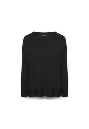 Maglione nero con scollatura ampia, maniche lunghe e vestibilità morbida. Tessuto morbido, cuciture minime e orlo posteriore leggermente allungato.