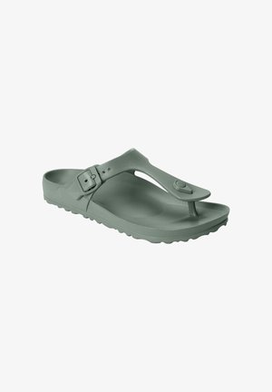 Enkele grijze verstelbare teensandaal met gesp en gestructureerde zool, ontworpen voor casual gebruik en comfort.