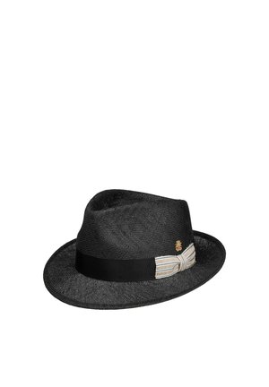 Black woven fedora hat with a wide black band and a beige striped bow accent on the side against a white background.