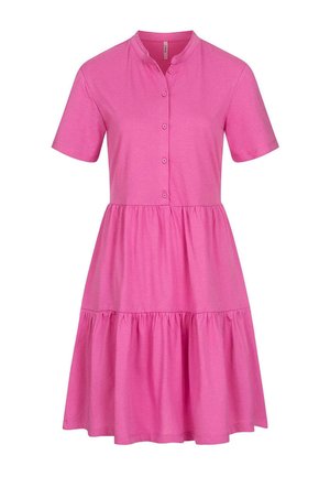 Pink short-sleeve dress with a buttoned mandarin collar, featuring a tiered skirt and made from soft, lightweight fabric.