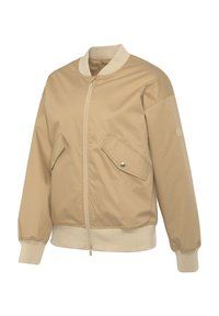 Light brown bomber jacket with a zip front, ribbed collar and cuffs, two angled front pockets, and a button accent on the sleeve.