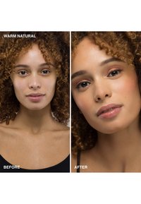 Image avant-après montrant un maquillage naturel beige. À gauche : peau nue. À droite : teint lisse, couleur des yeux et des lèvres subtile, joues rehaussées.