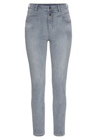 Svetlomodré džíny skinny s stredným pásom, dvoma prednými vreckami a dvojitým zapínaním. Hladká textúra a rovné nohavice.