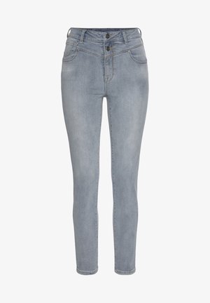 Gai zila džinsa skinny bikses ar vidēju jostas augstumu, divām priekšējām kabatām un dubulto pogu aizdari. Gluda tekstūra un taisnas kājas.