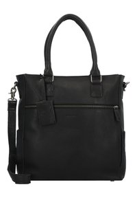 Borsa tote nera in pelle con doppi manici, tracolla regolabile, tasca frontale con zip e superficie testurizzata. Include un'etichetta per i bagagli.