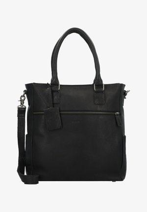 Sac tote en cuir noir avec des poignées doubles, une bandoulière réglable, une poche avant zippée et une surface texturée. Comprend une étiquette de bagage.