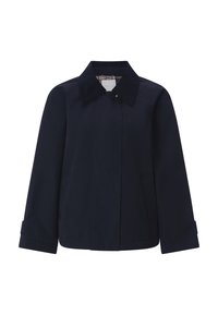 Tamsiai mėlynas lengvas švarkas su smailiu apykakliu, priekinėmis sagomis, dviem šoninėmis kišenėmis ir tekstūruotos medžiagos apdaila.