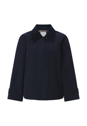 Giacca leggera blu navy con colletto a punta, chiusura frontale con bottoni, due tasche laterali e finitura del tessuto texturizzata.
