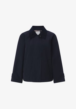 Giacca leggera blu navy con colletto a punta, chiusura frontale con bottoni, due tasche laterali e finitura del tessuto texturizzata.