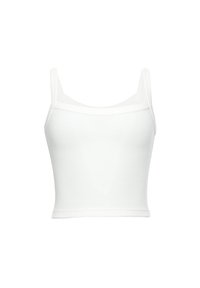 Biely ribbed crop top s tenkými ramienkami, so štvorcovým výstrihom a priliehavým strihom, vyrobený z hladkej, elastickej tkaniny.