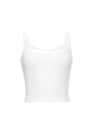 Bílé žebrované crop top s tenkými ramínky, s čtvercovým výstřihem a přiléhavým střihem, vyrobené z hladké, elastické látky.